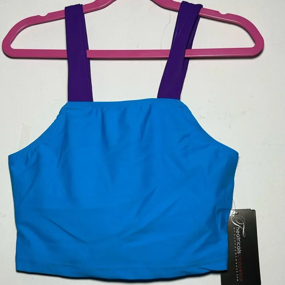 Theatricals 2 piece dance set Purple Bike Shorts Sports Bra crop top AXS NWT